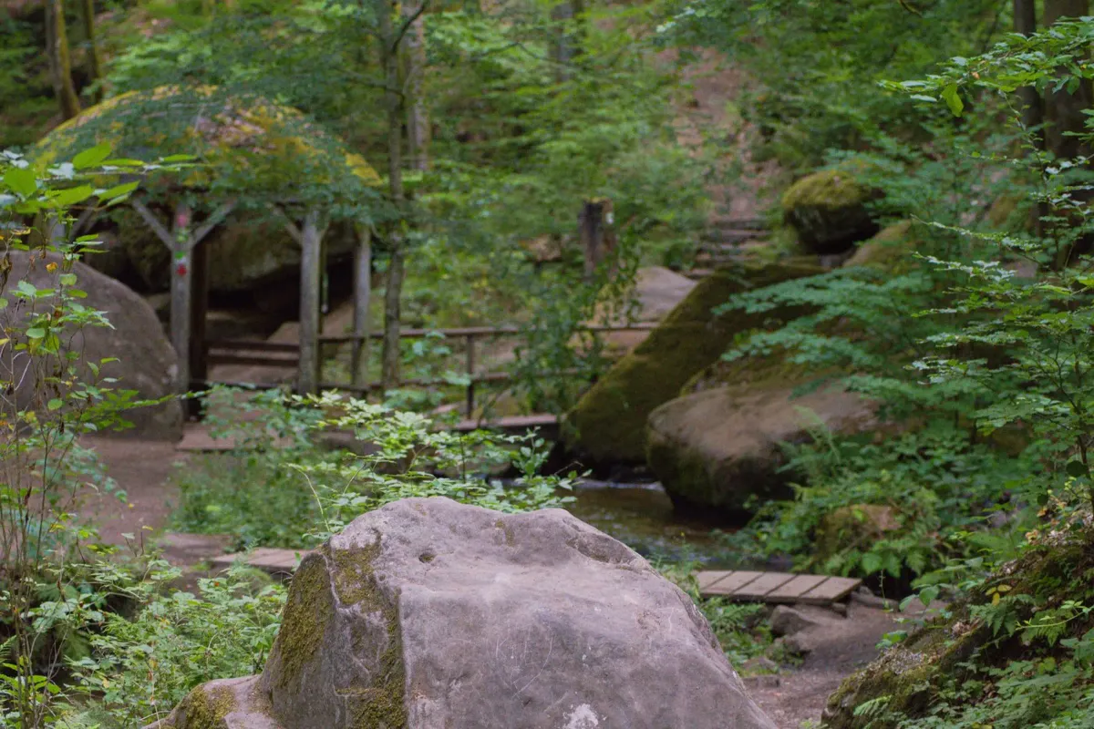 Findling und Pavillon — Waldgeheimnisse in der Schlucht Poster