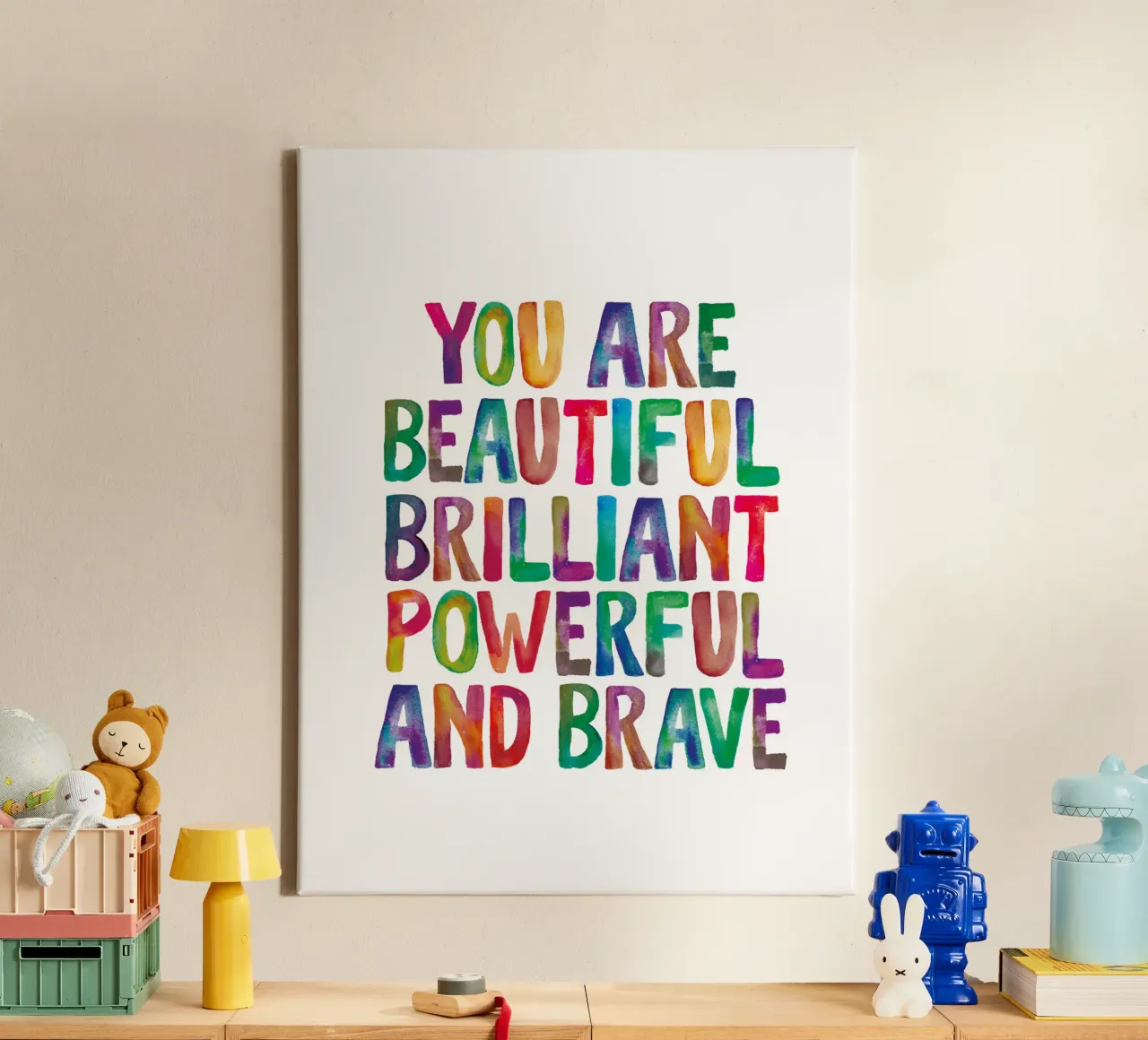 Je bent mooi briljant krachtig en dapper Rainbow Type canvas met Baklijst van THE MOTIVATED TYPE