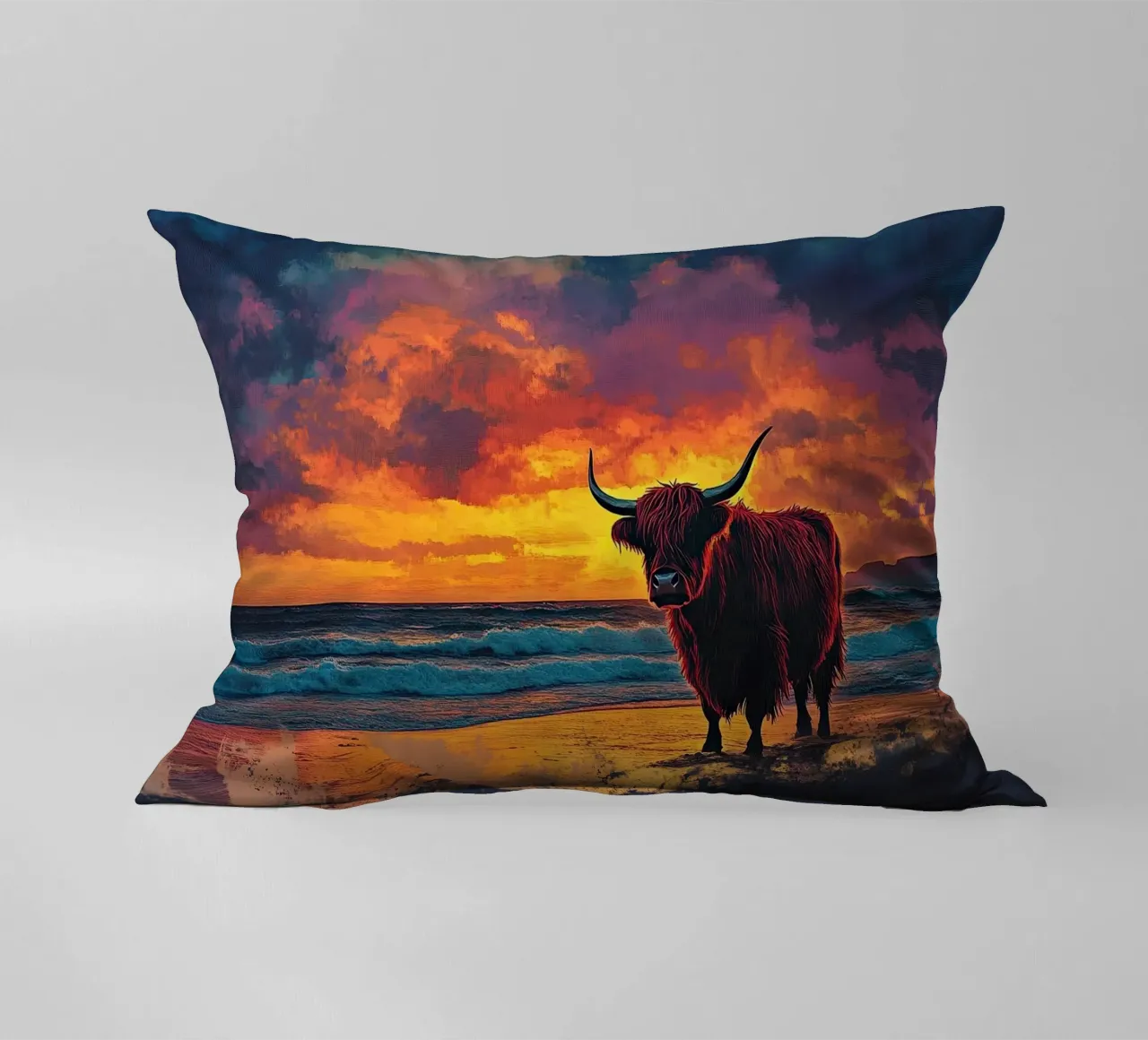 Mucca Highland am Strand cuscino da Nikis Art Studio