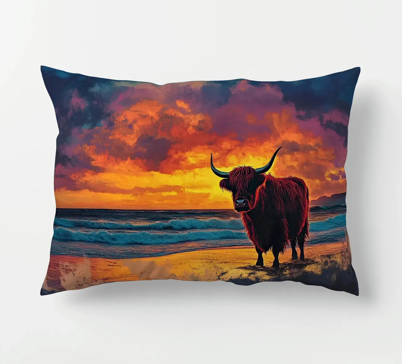 Mucca Highland am Strand cuscino da Nikis Art Studio