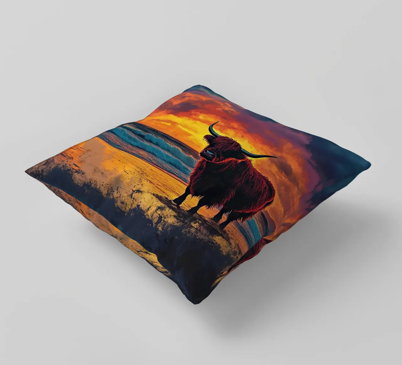 Mucca Highland am Strand cuscino da Nikis Art Studio