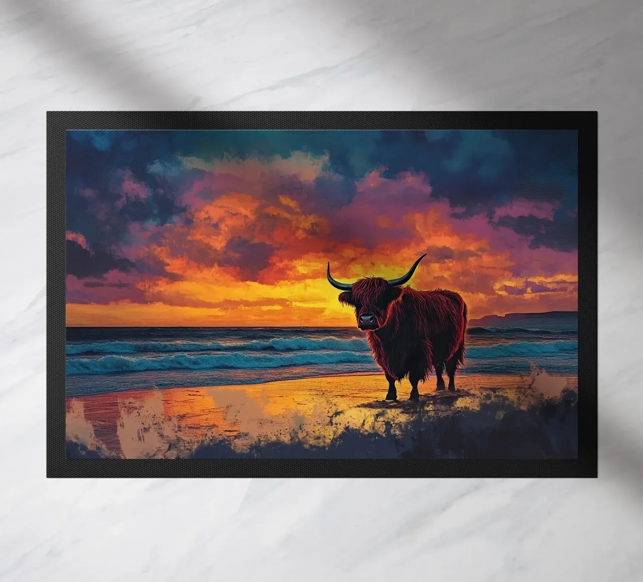 Mucca Highland am Strand zerbino da Nikis Art Studio