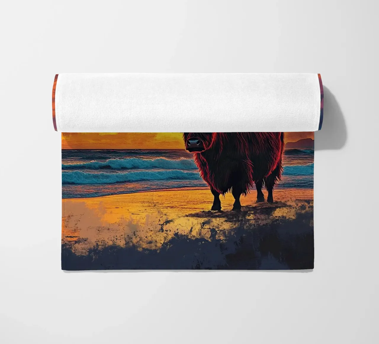 Mucca Highland am Strand telo mare da Nikis Art Studio