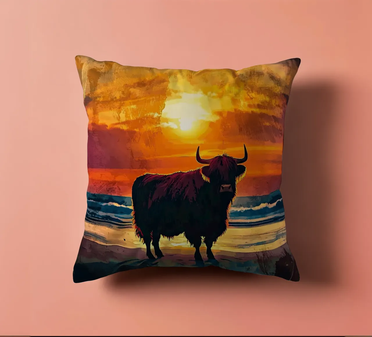 Mucca Highland am Meer cuscino da Nikis Art Studio