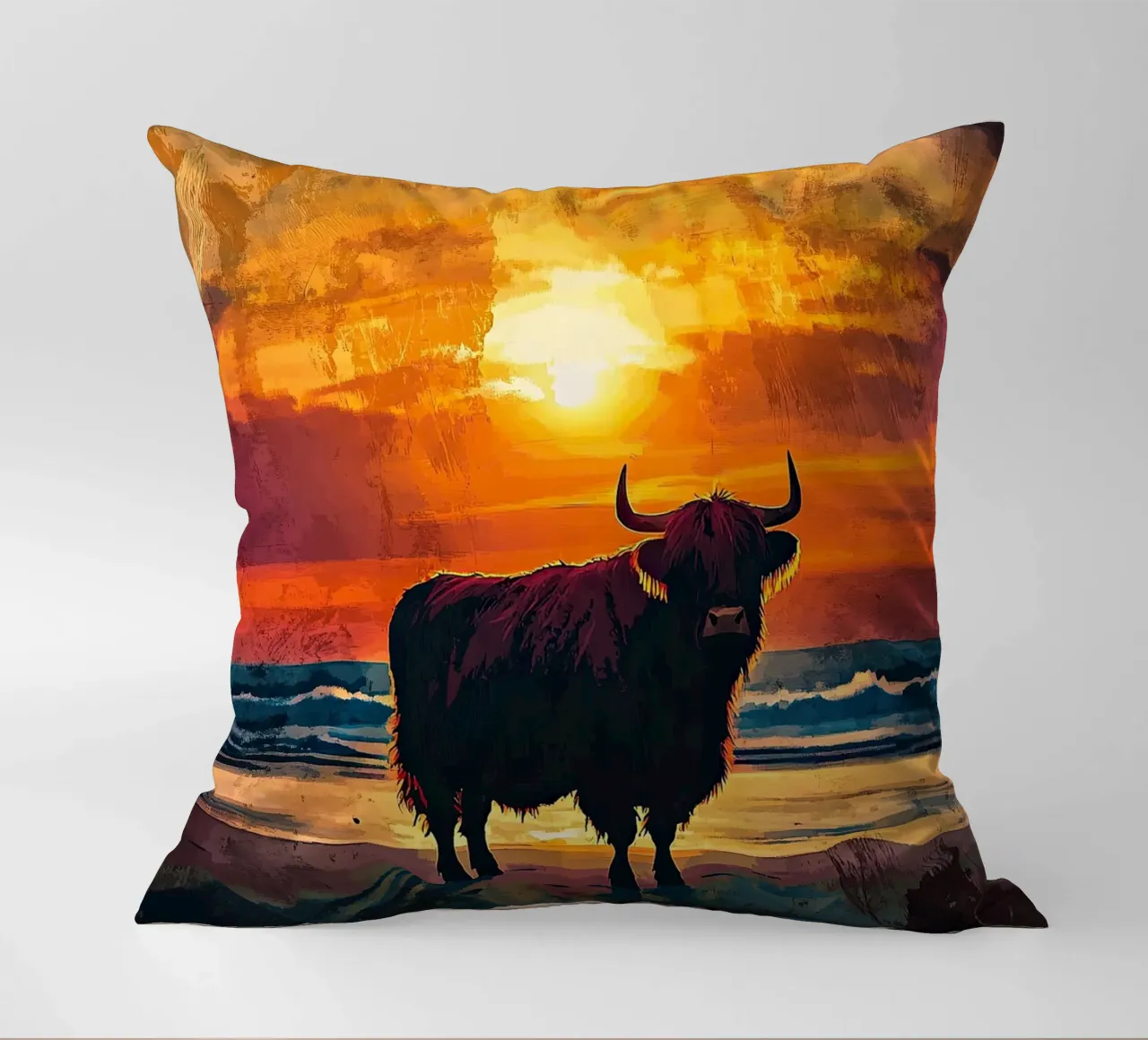 Mucca Highland am Meer cuscino da Nikis Art Studio