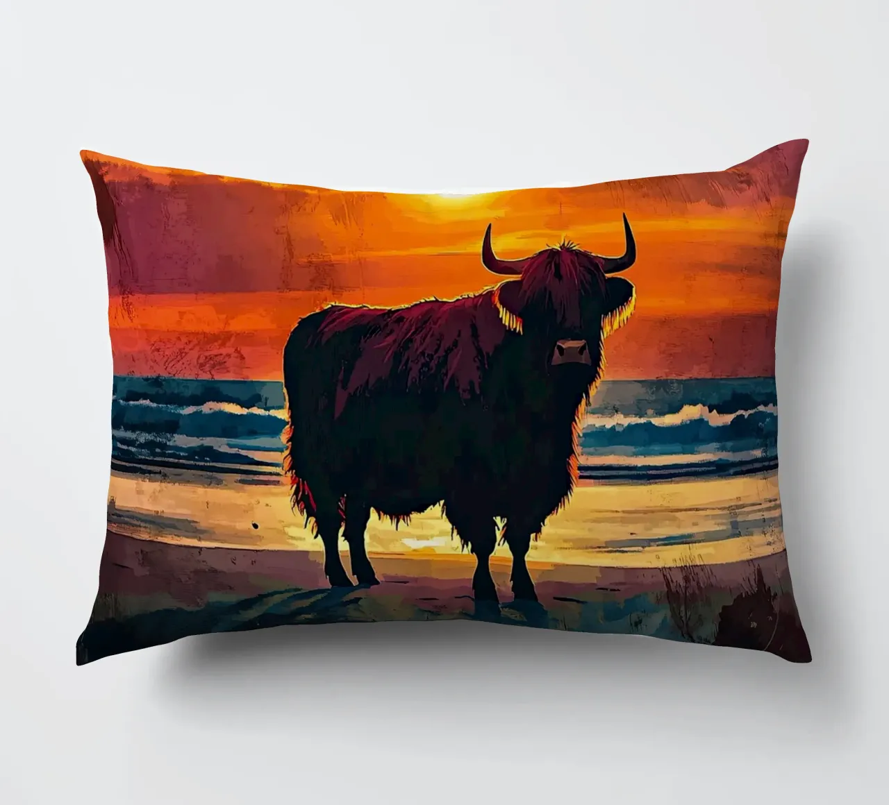 Mucca Highland am Meer cuscino da Nikis Art Studio