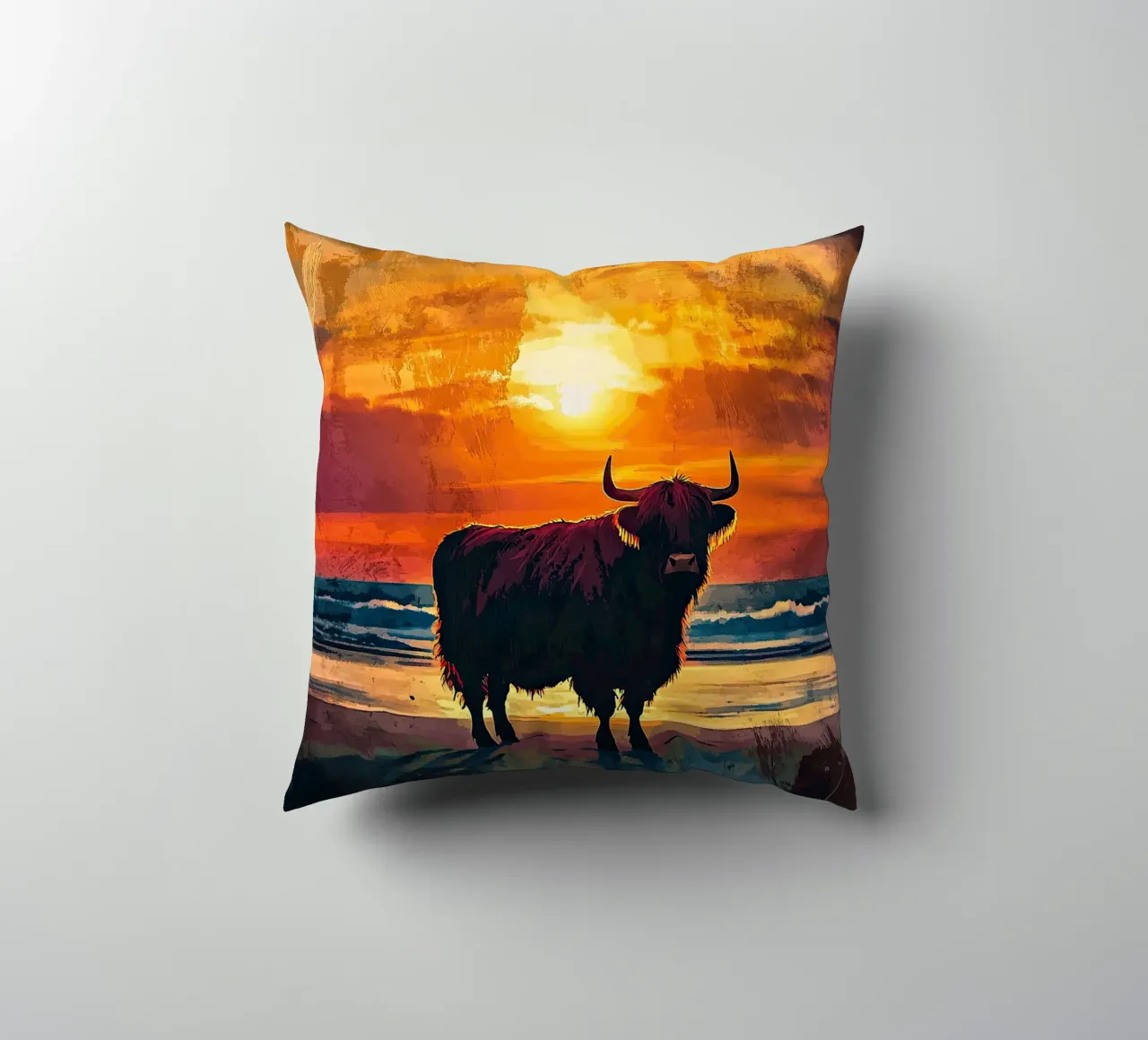 Mucca Highland am Meer cuscino da Nikis Art Studio