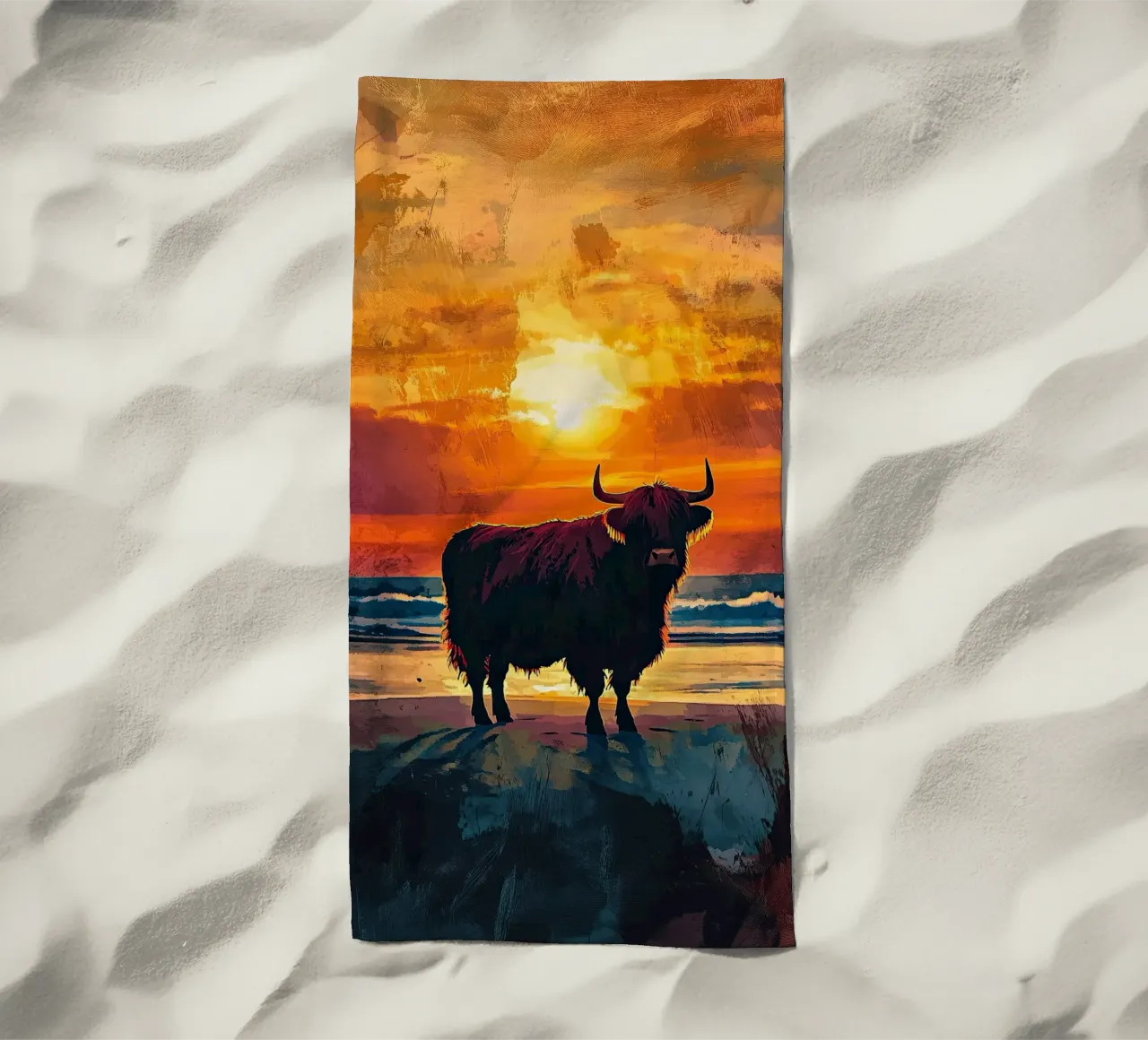 Mucca Highland am Meer telo mare da Nikis Art Studio