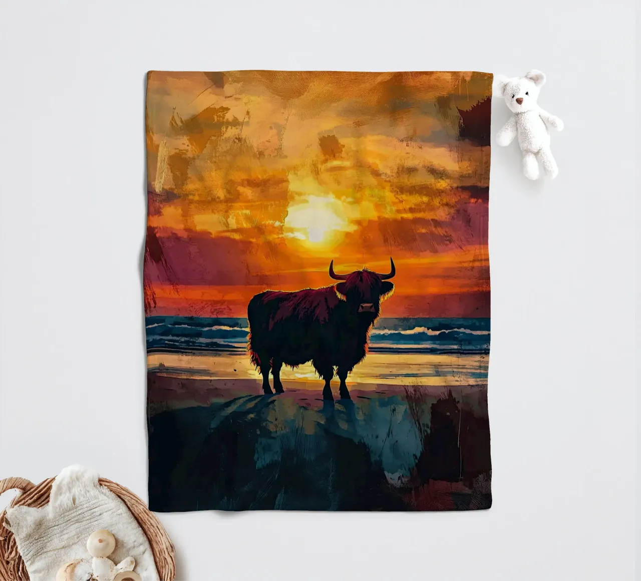 Mucca Highland am Meer coperta in pile da Nikis Art Studio