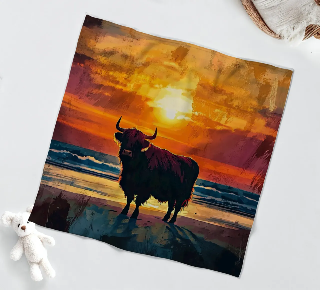 Mucca Highland am Meer coperta in pile da Nikis Art Studio
