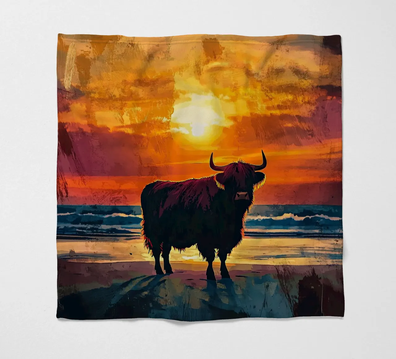 Mucca Highland am Meer coperta in pile da Nikis Art Studio
