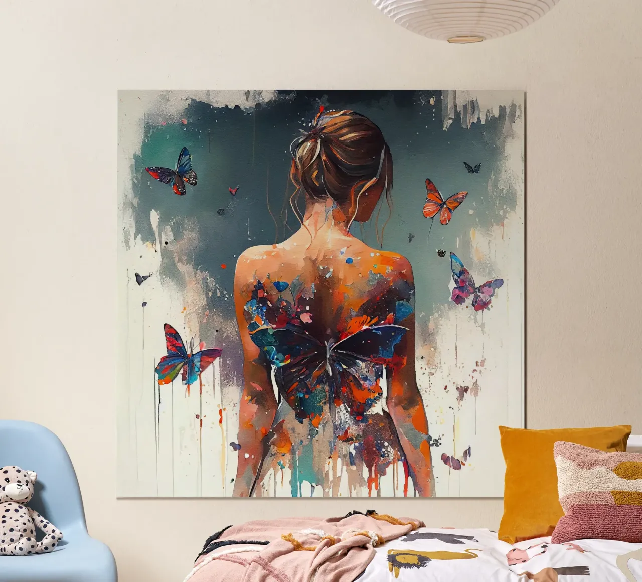 Corpo potente di donna farfalla poster con telaio in legno da Chromatic Fusion Studio