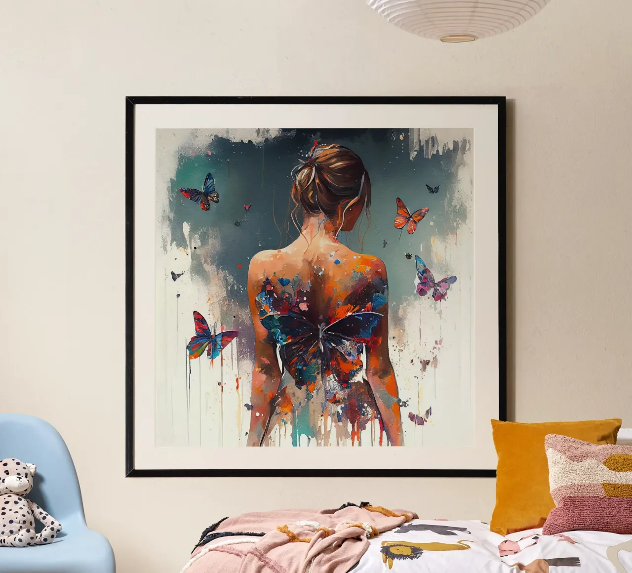 Corpo potente di donna farfalla poster con telaio in legno da Chromatic Fusion Studio