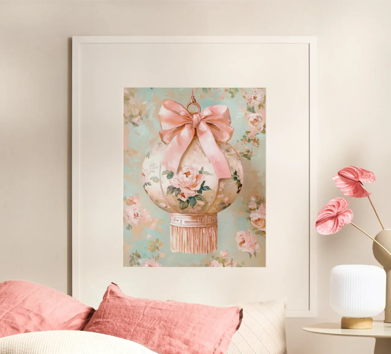 Arco rosa Lanterna del Capodanno lunare cinese Fiore d'epoca poster con telaio in plastica da Gentle Echoes Art