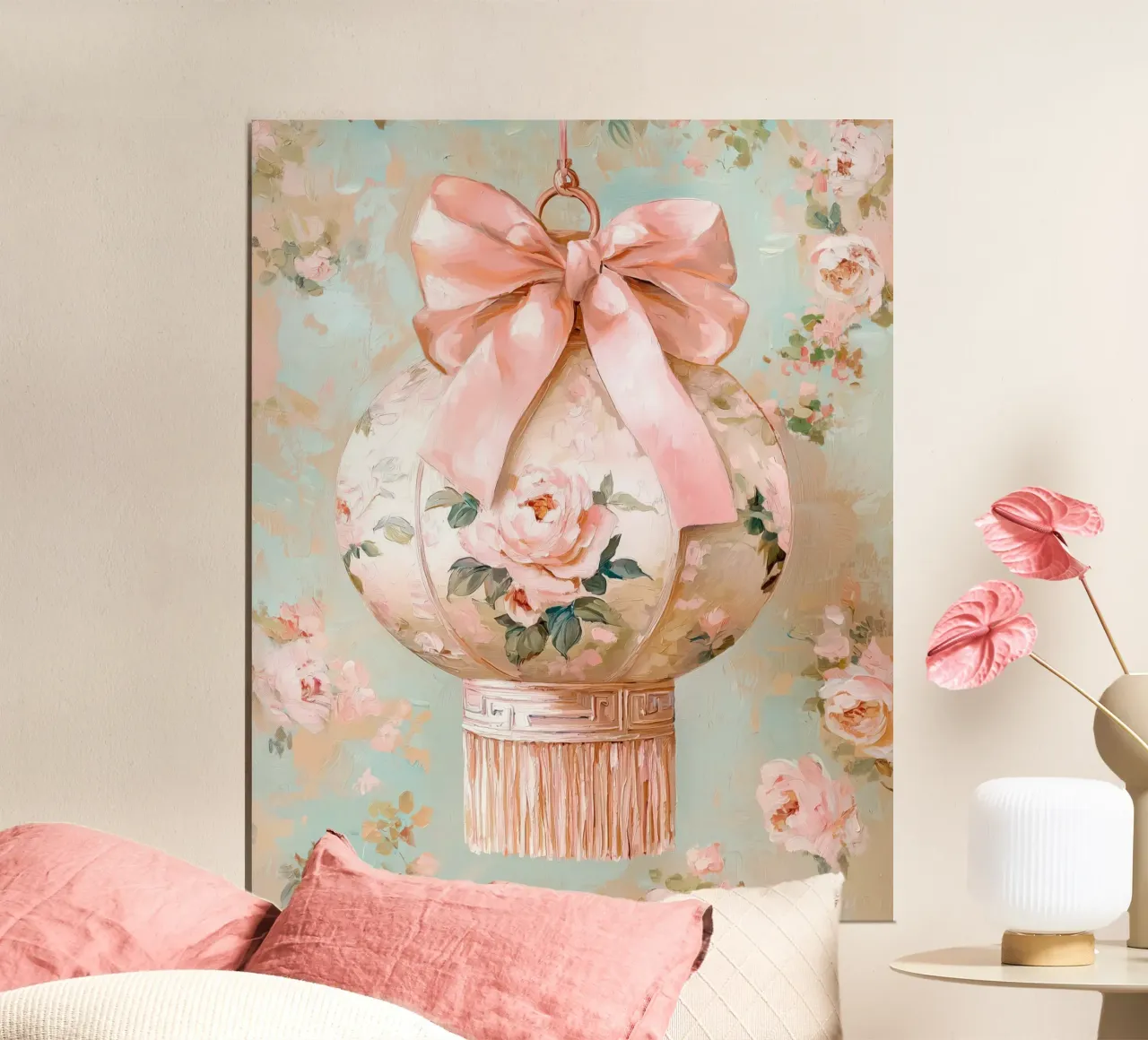 Arco rosa Lanterna del Capodanno lunare cinese Fiore d'epoca poster con telaio in plastica da Gentle Echoes Art