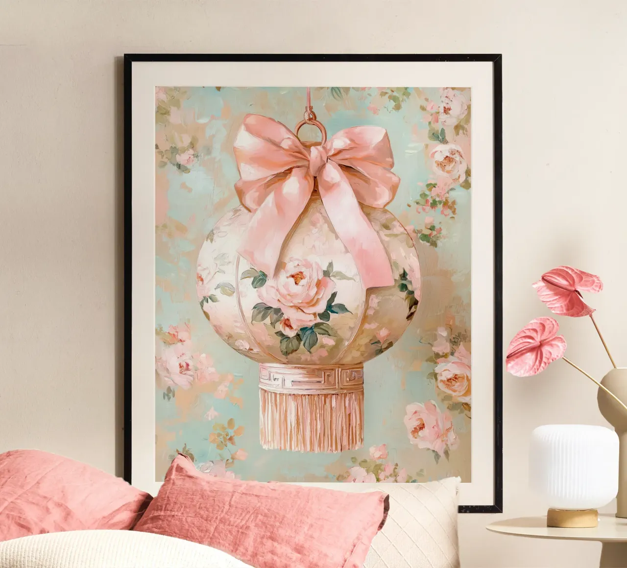 Arco rosa Lanterna del Capodanno lunare cinese Fiore d'epoca poster con telaio in plastica da Gentle Echoes Art