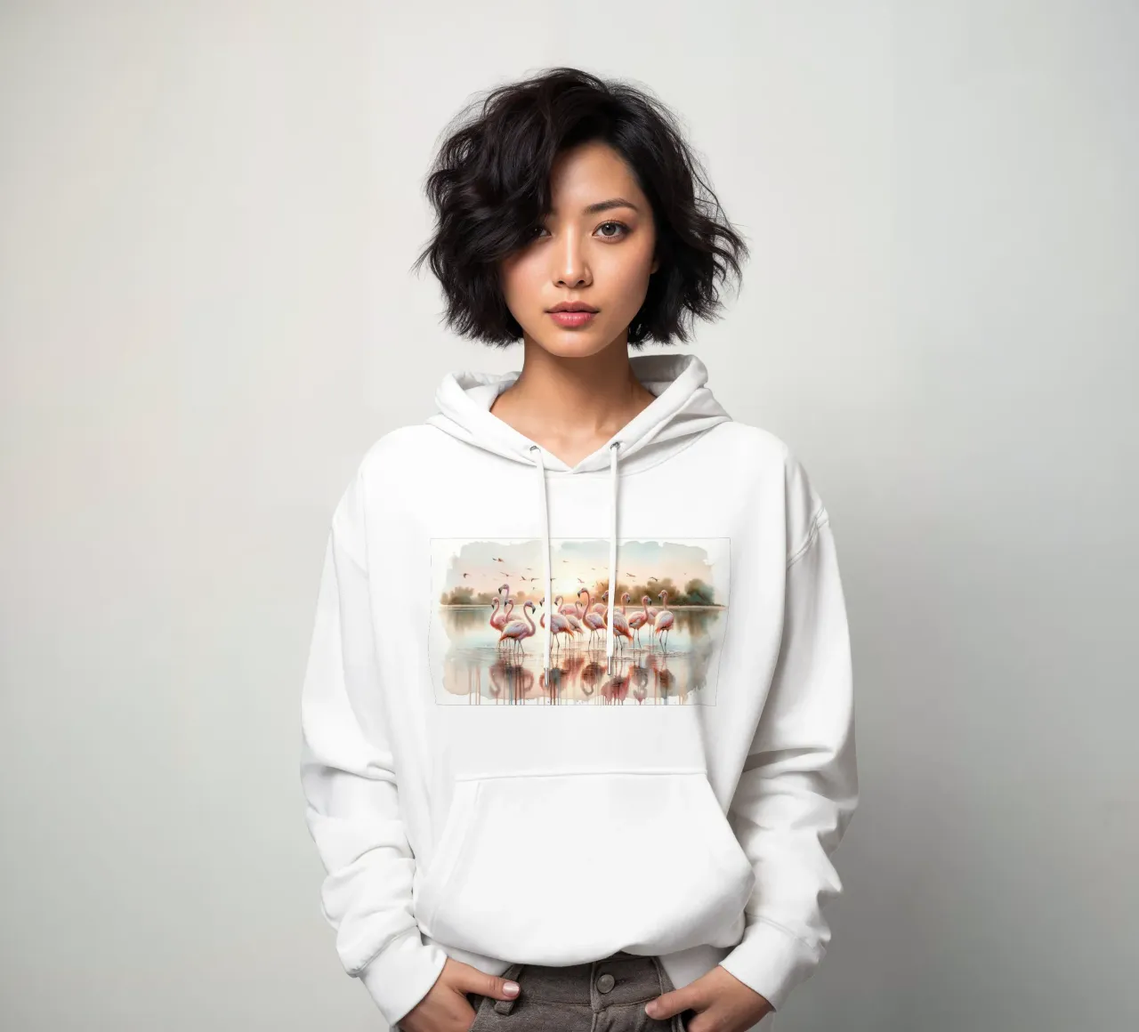 Serene Flamingo Sunrise hoodie by Chromatic Fusion Studio
