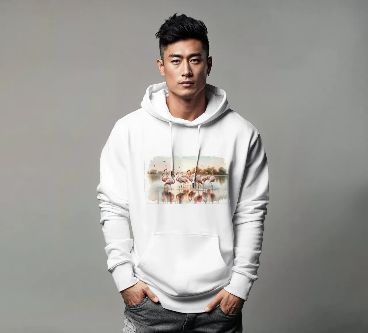 Serene Flamingo Sunrise hoodie by Chromatic Fusion Studio