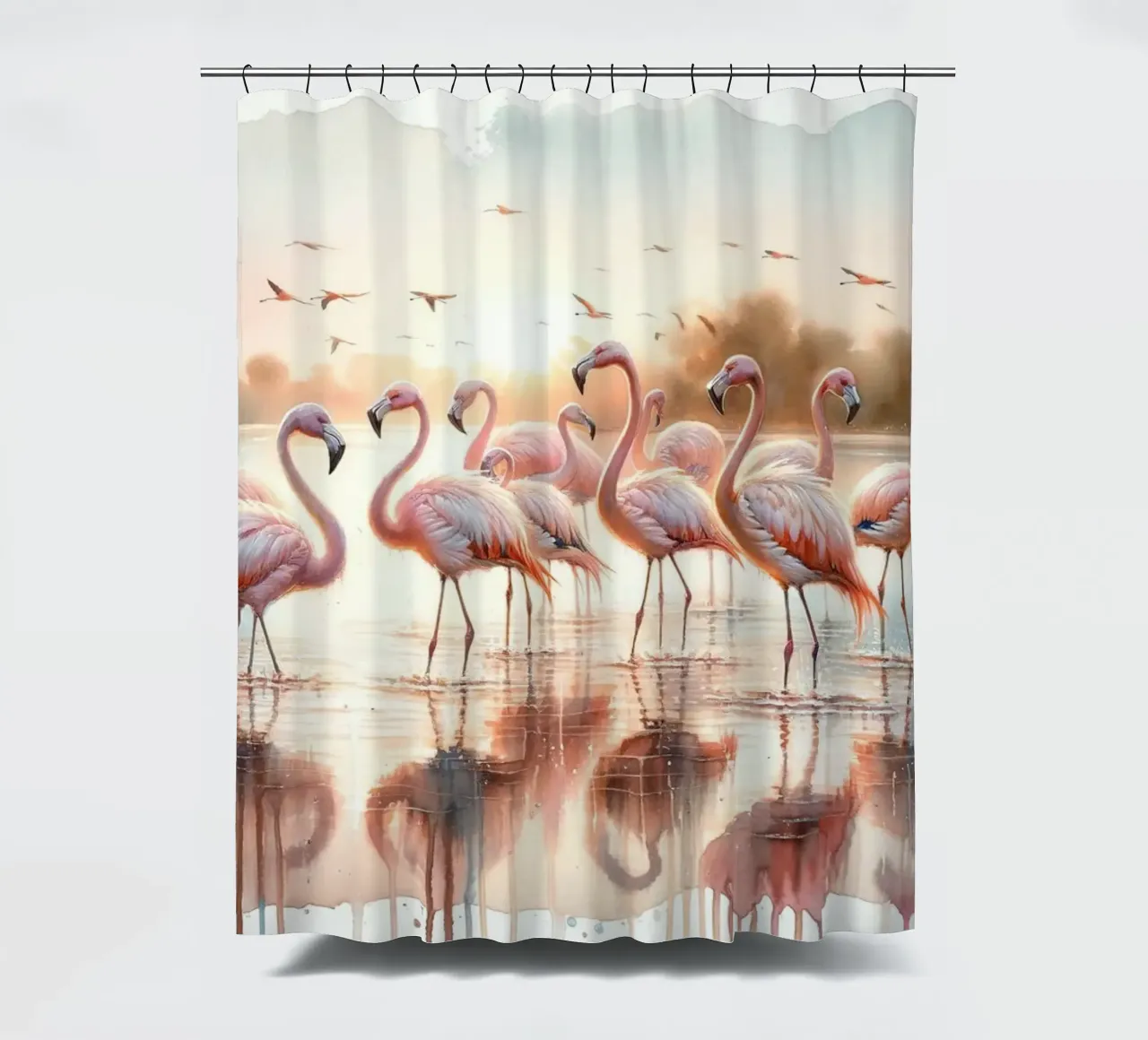 Serene Flamingo Sunrise shower curtain by Chromatic Fusion Studio