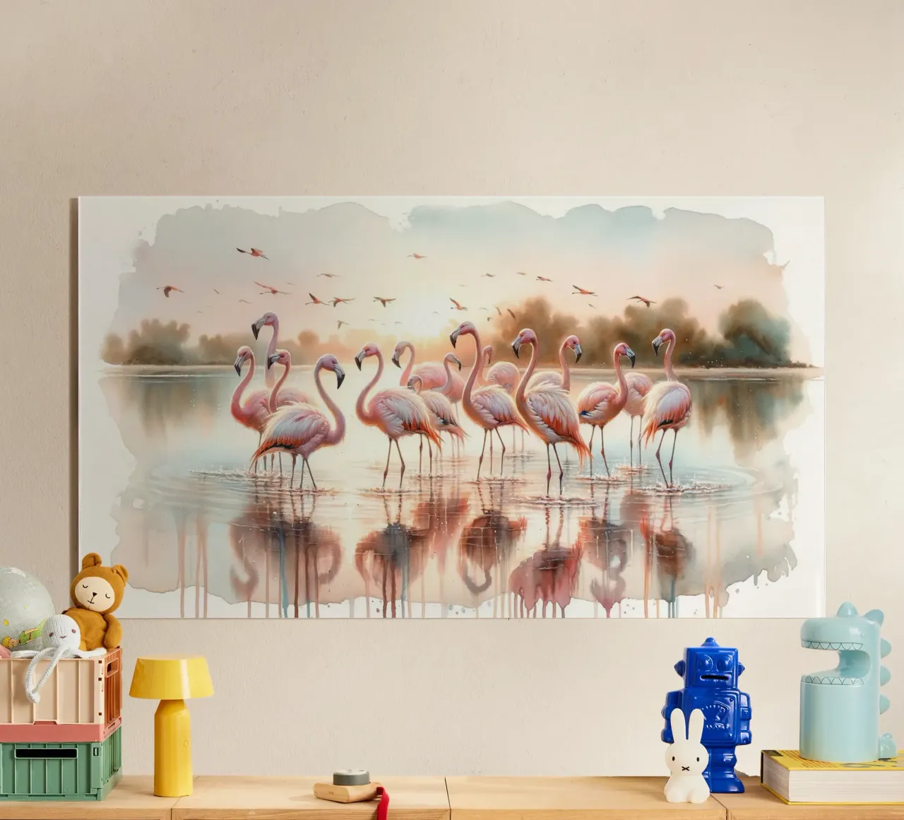 Lever de soleil serein sur les flamants roses plexiglas de Chromatic Fusion Studio