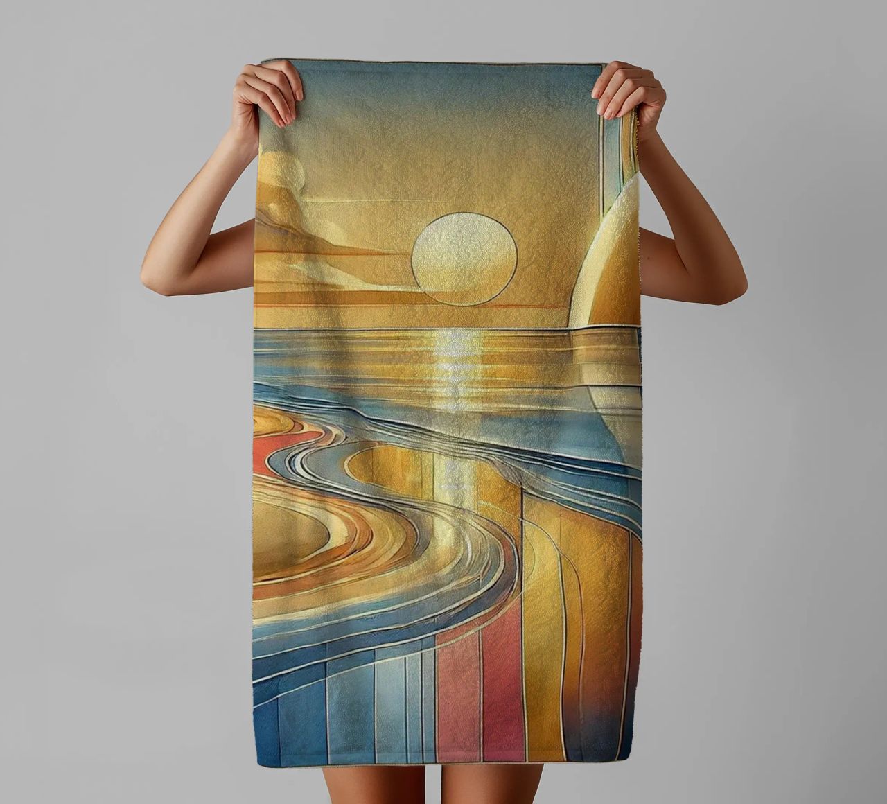 Sundown Serenity Scene in Art Deco towel by Chromatic Fusion Studio