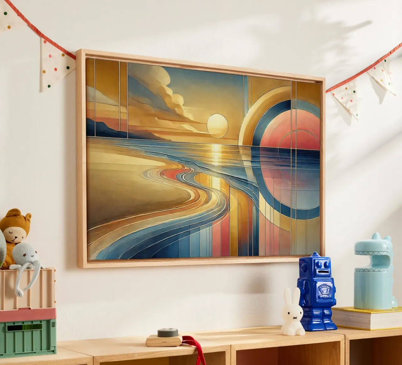 Sundown Serenity Scene in Art Deco canvas with Floater frame by Chromatic Fusion Studio