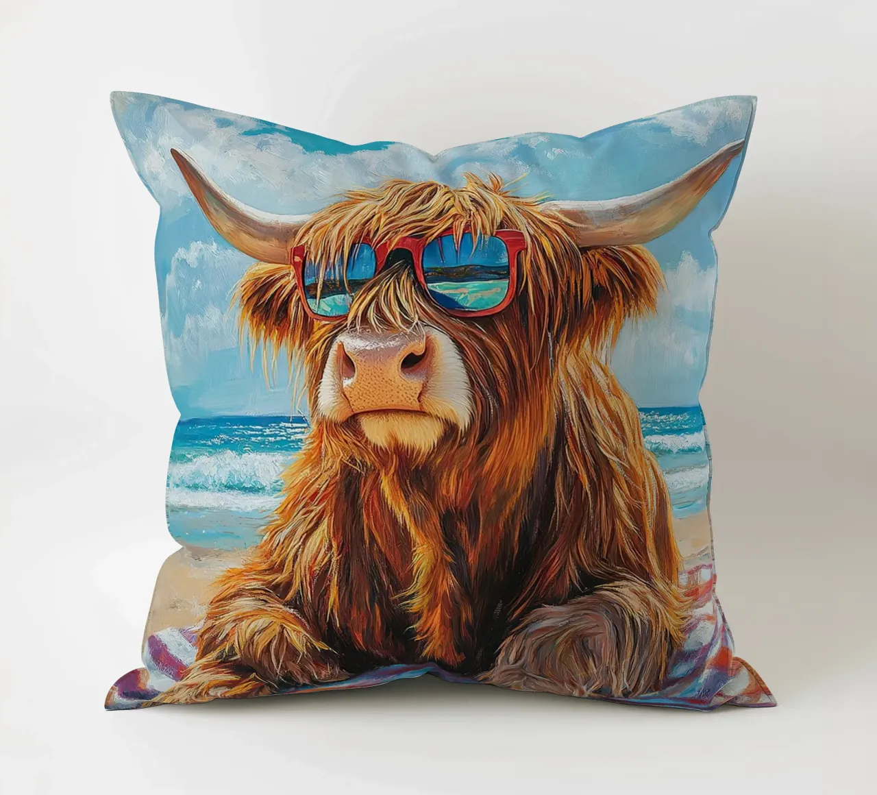 Mucca Highland am Strand cuscino da Nikis Art Studio