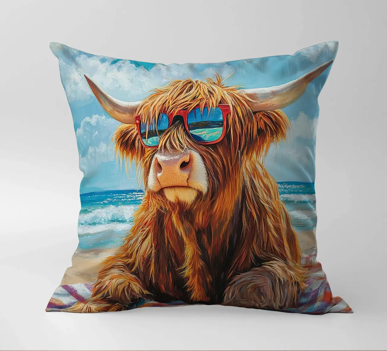 Mucca Highland am Strand cuscino da Nikis Art Studio