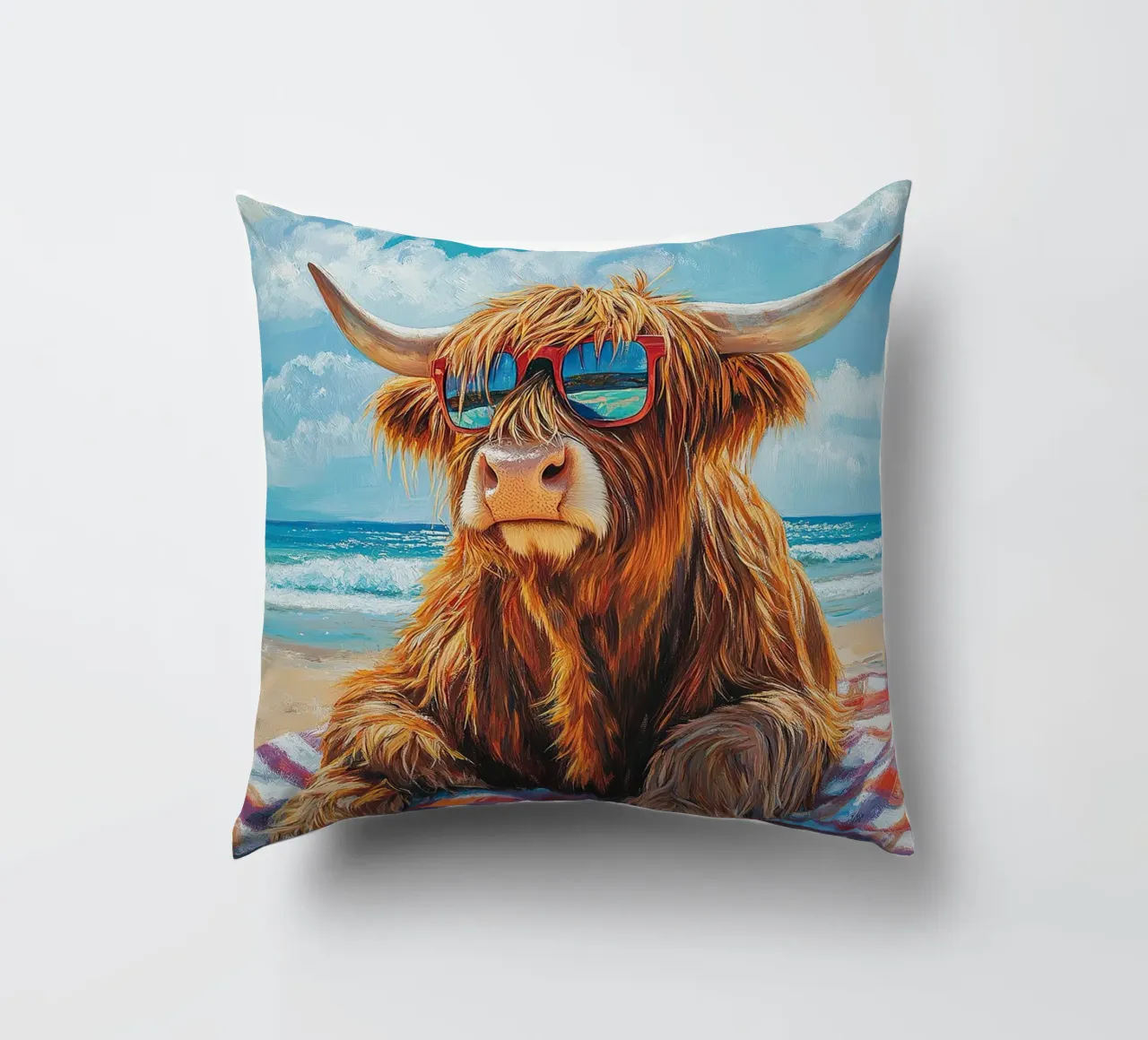 Mucca Highland am Strand cuscino da Nikis Art Studio