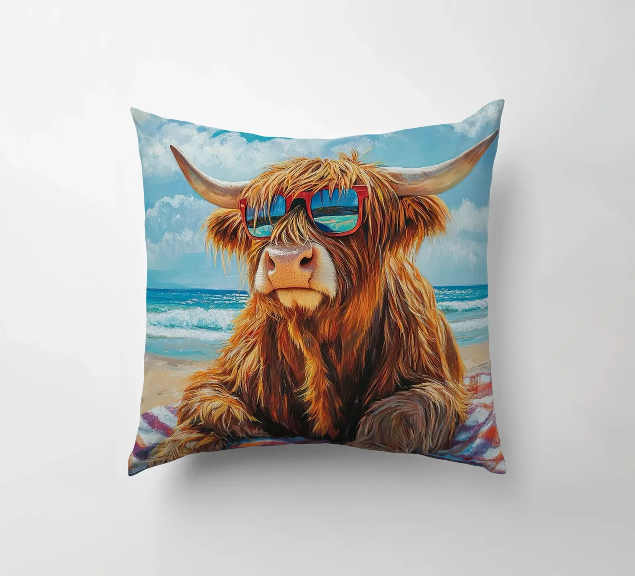 Mucca Highland am Strand cuscino da Nikis Art Studio