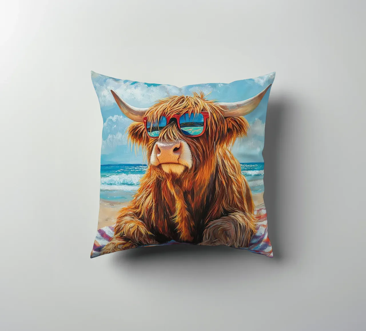 Mucca Highland am Strand cuscino da Nikis Art Studio