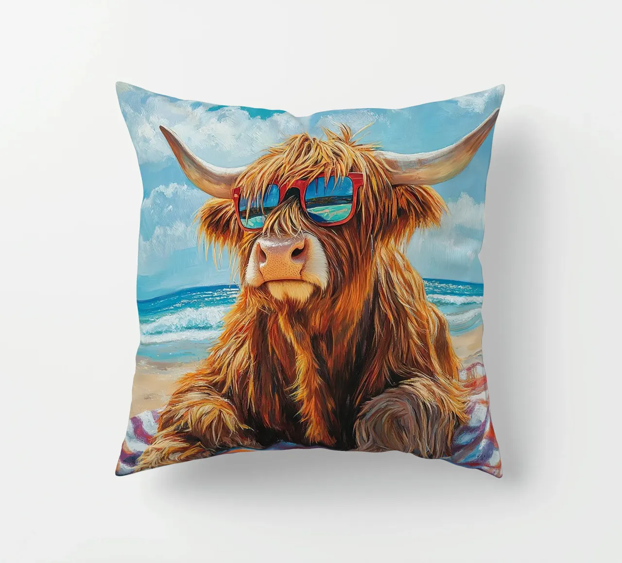 Mucca Highland am Strand cuscino da Nikis Art Studio