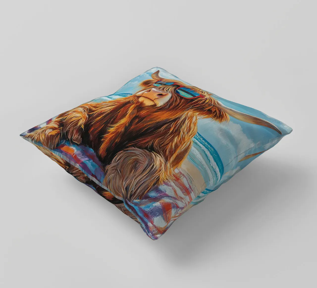Mucca Highland am Strand cuscino da Nikis Art Studio