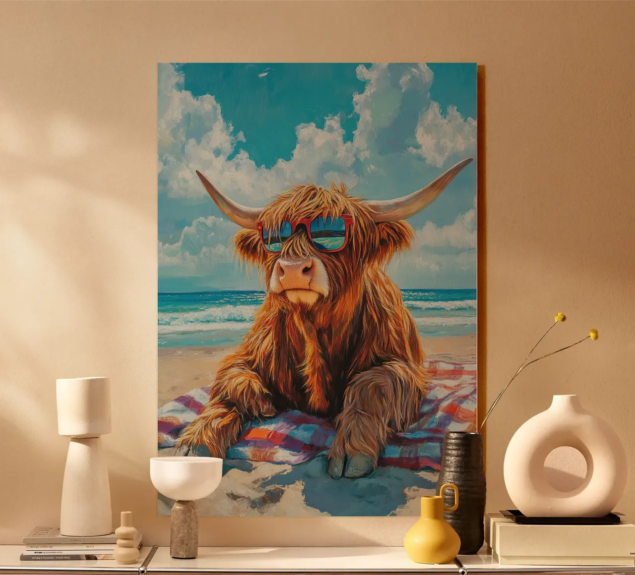 Mucca Highland am Strand alluminio dibond da Nikis Art Studio