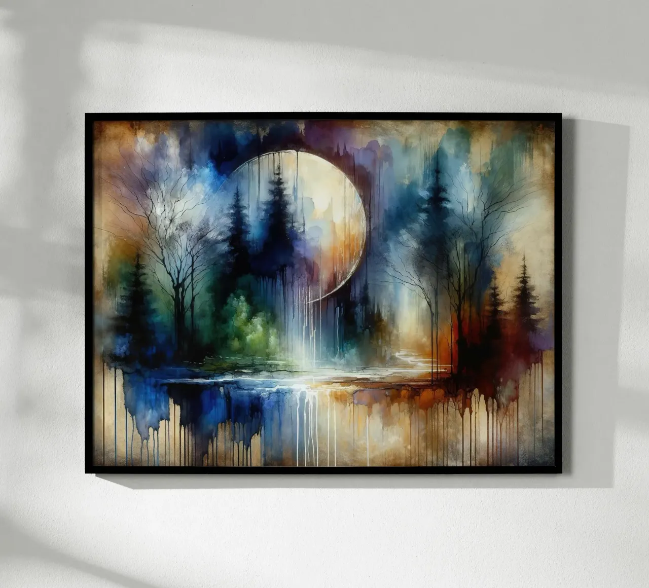 Acquerello foresta astratta al chiaro di luna poster con telaio in plastica da Chromatic Fusion Studio