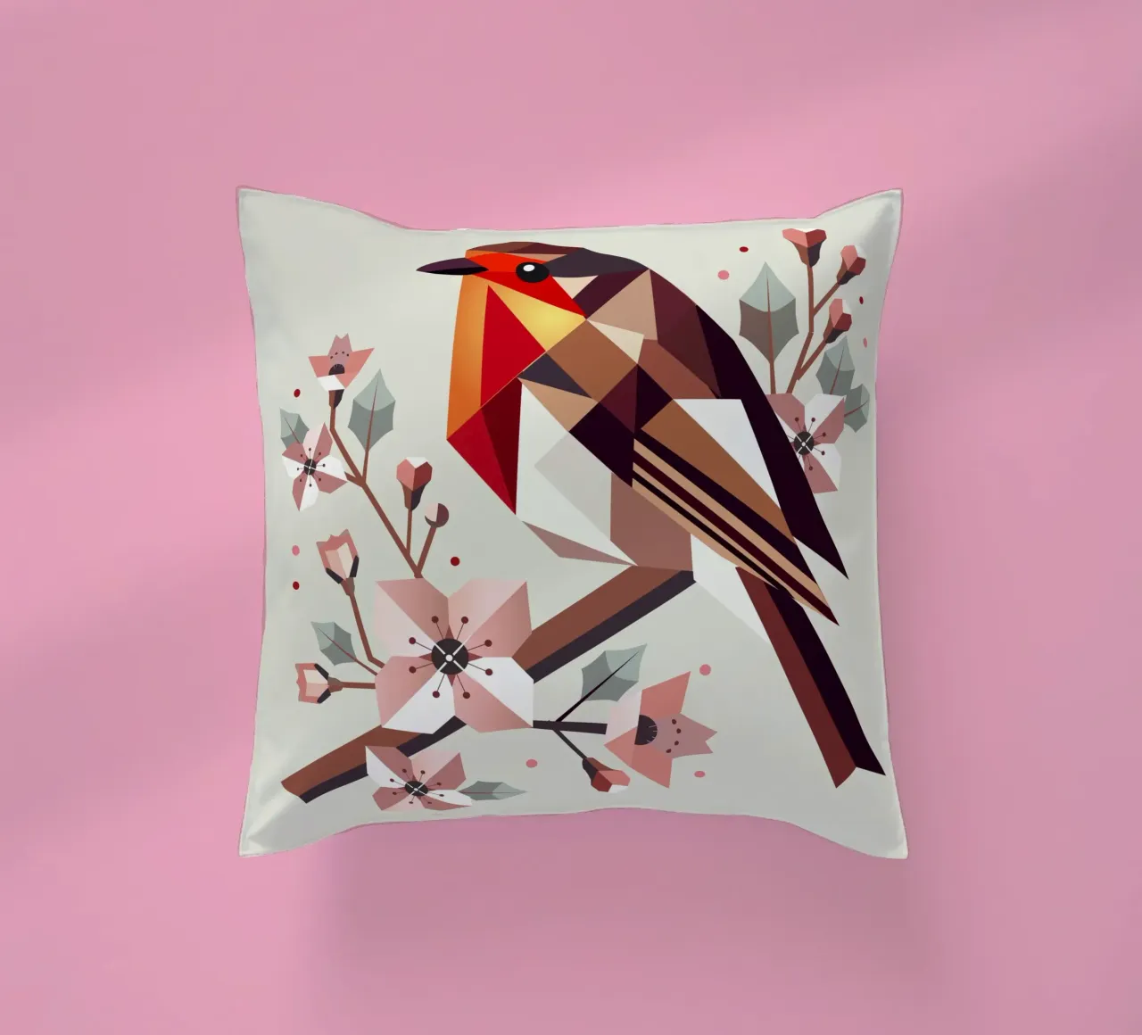 Pettirosso geometrico con fiori di ciliegio cuscino da namosh