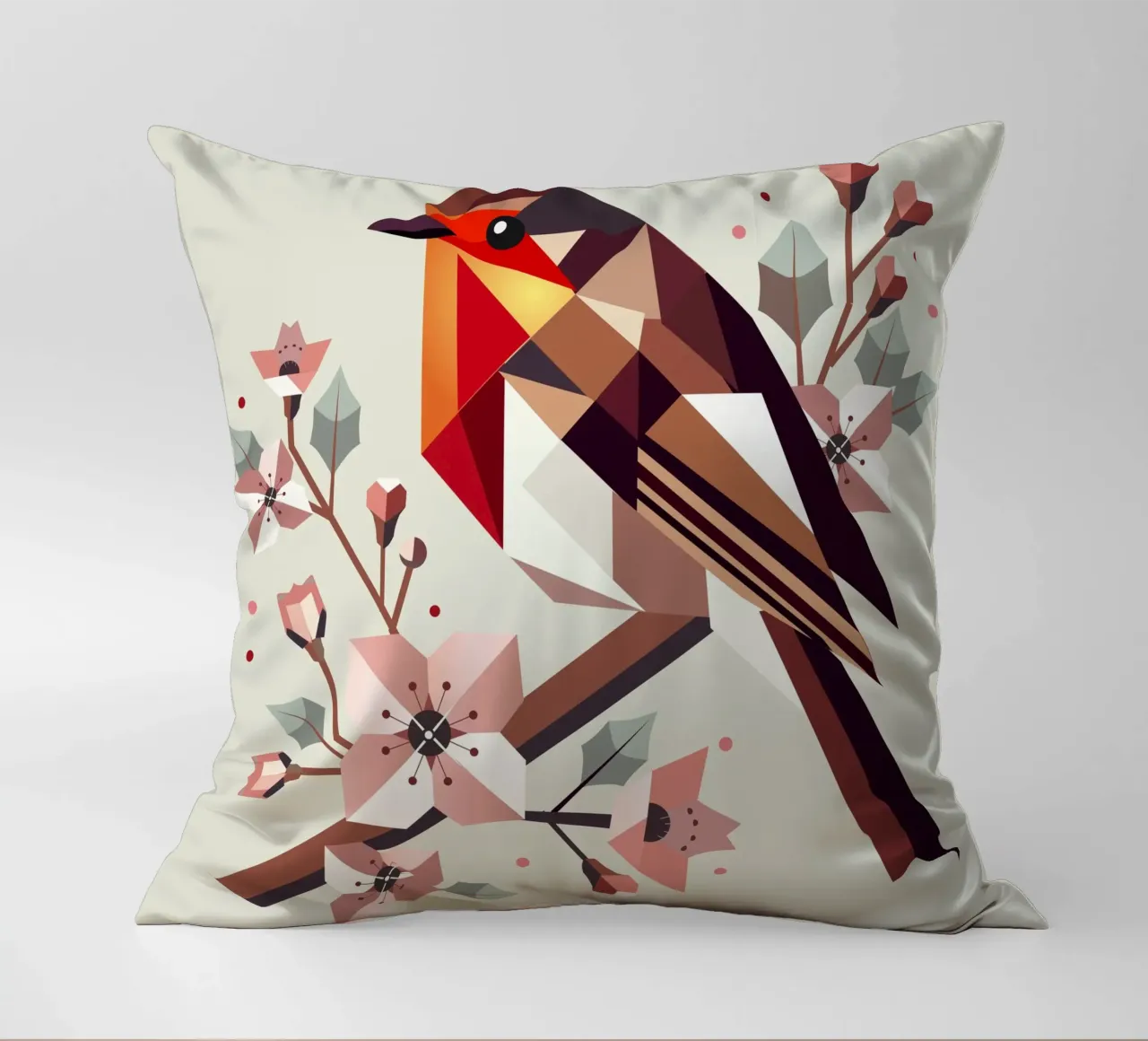 Pettirosso geometrico con fiori di ciliegio cuscino da namosh