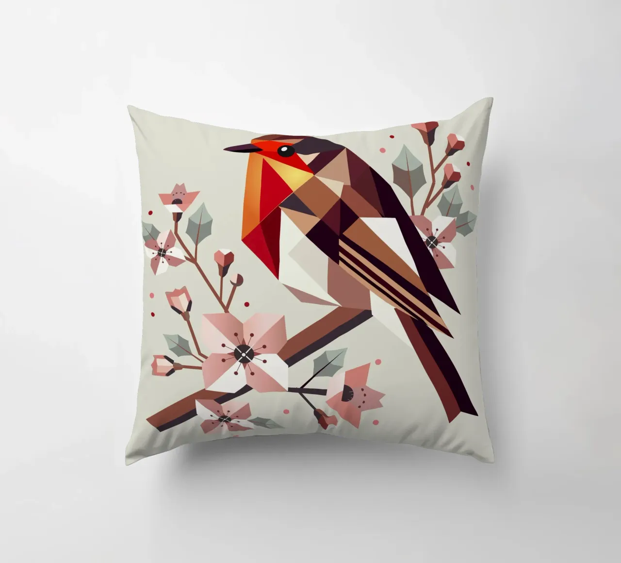Pettirosso geometrico con fiori di ciliegio cuscino da namosh