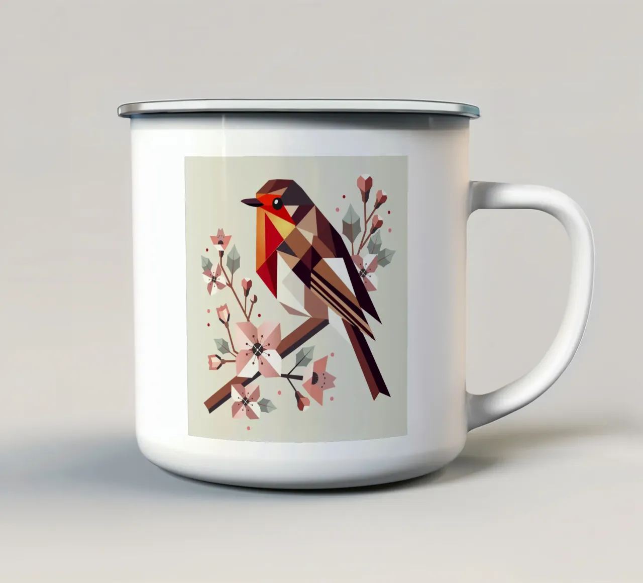 Pettirosso geometrico con fiori di ciliegio tazza in smalto da namosh