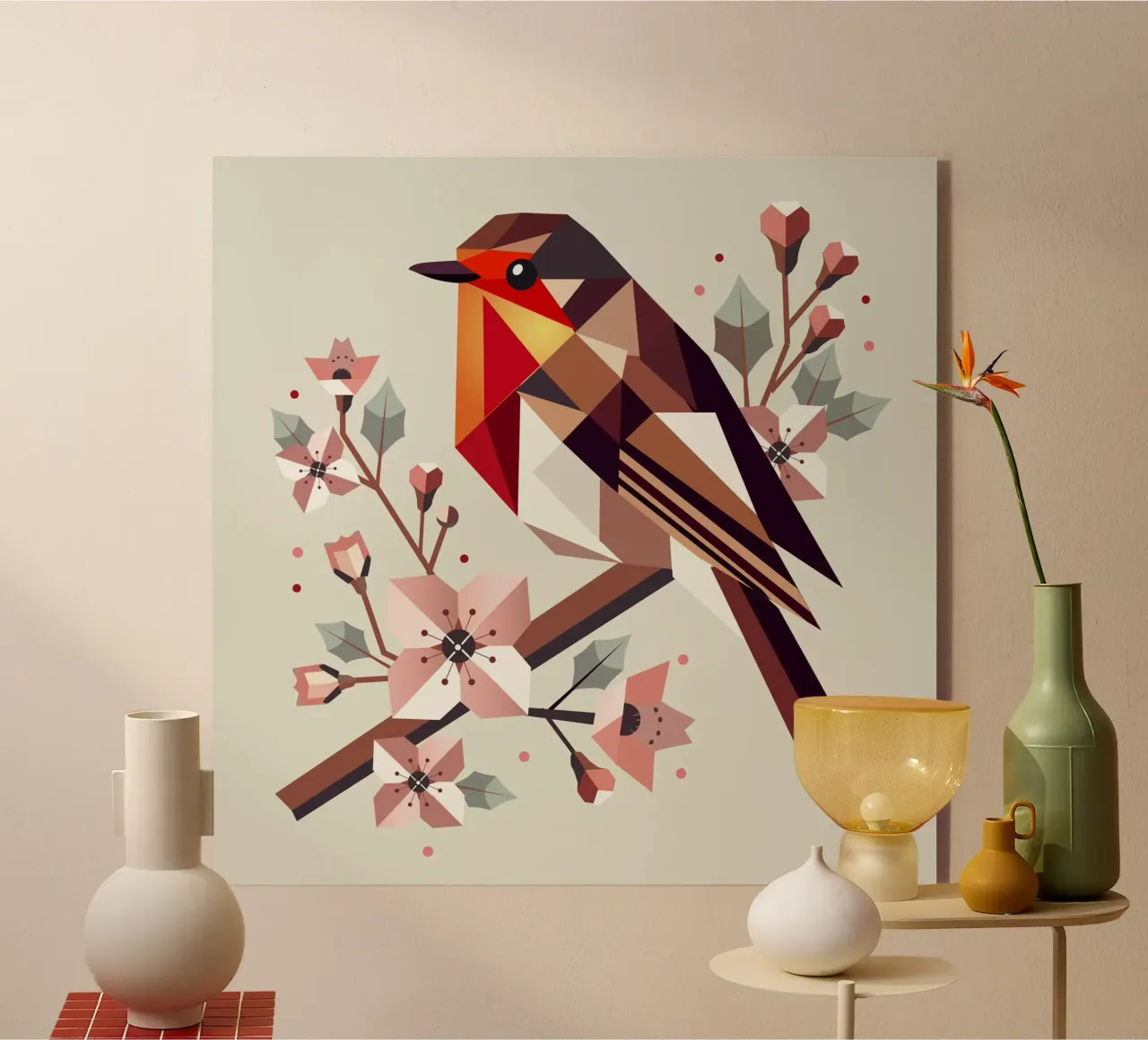 Pettirosso geometrico con fiori di ciliegio plexiglass da namosh