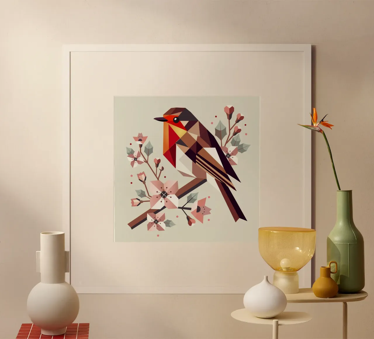 Pettirosso geometrico con fiori di ciliegio poster da namosh