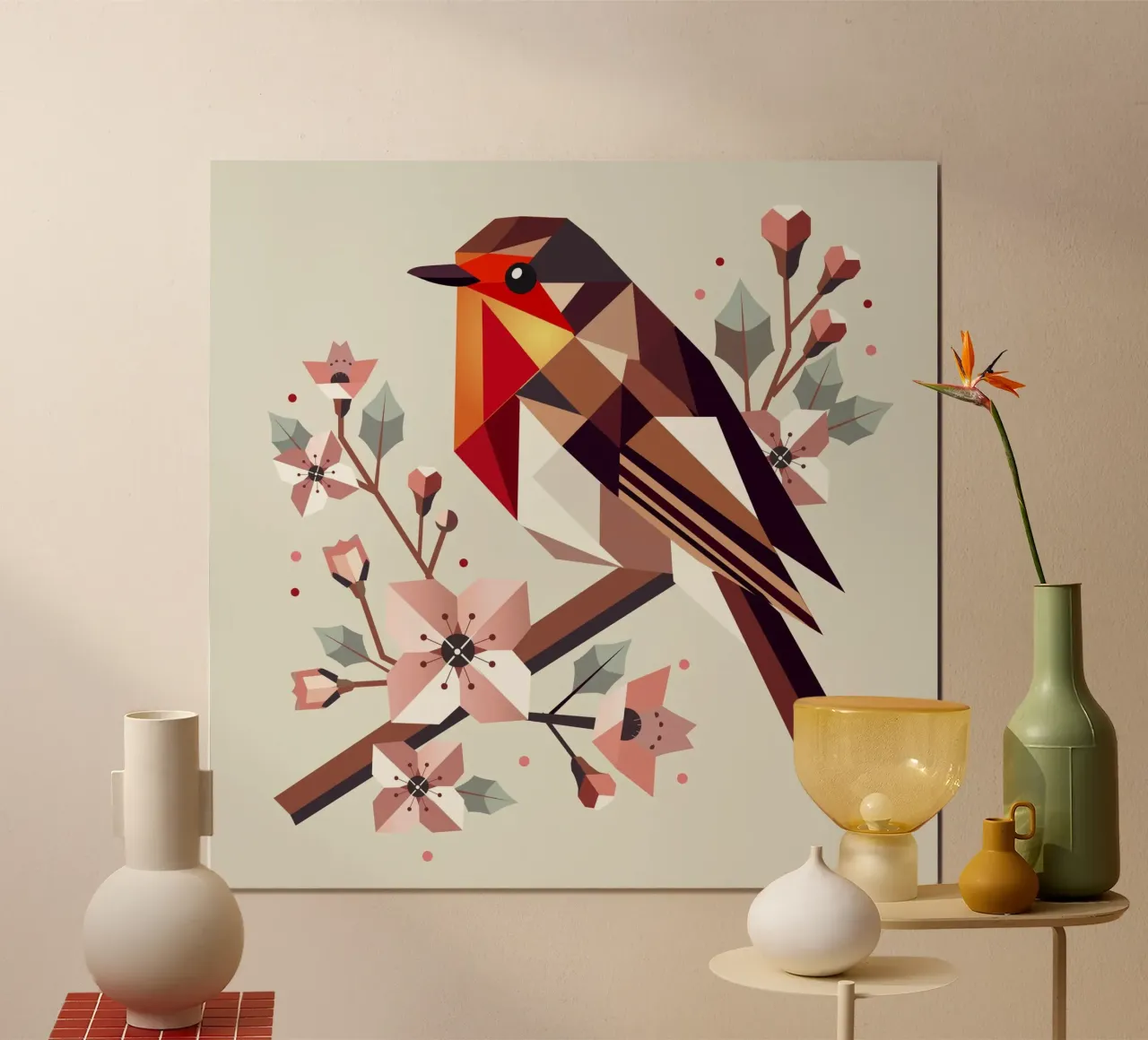 Pettirosso geometrico con fiori di ciliegio poster da namosh