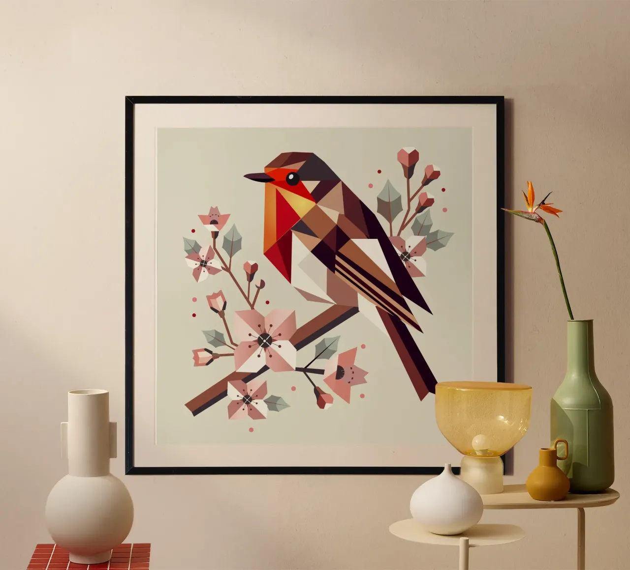 Pettirosso geometrico con fiori di ciliegio poster da namosh