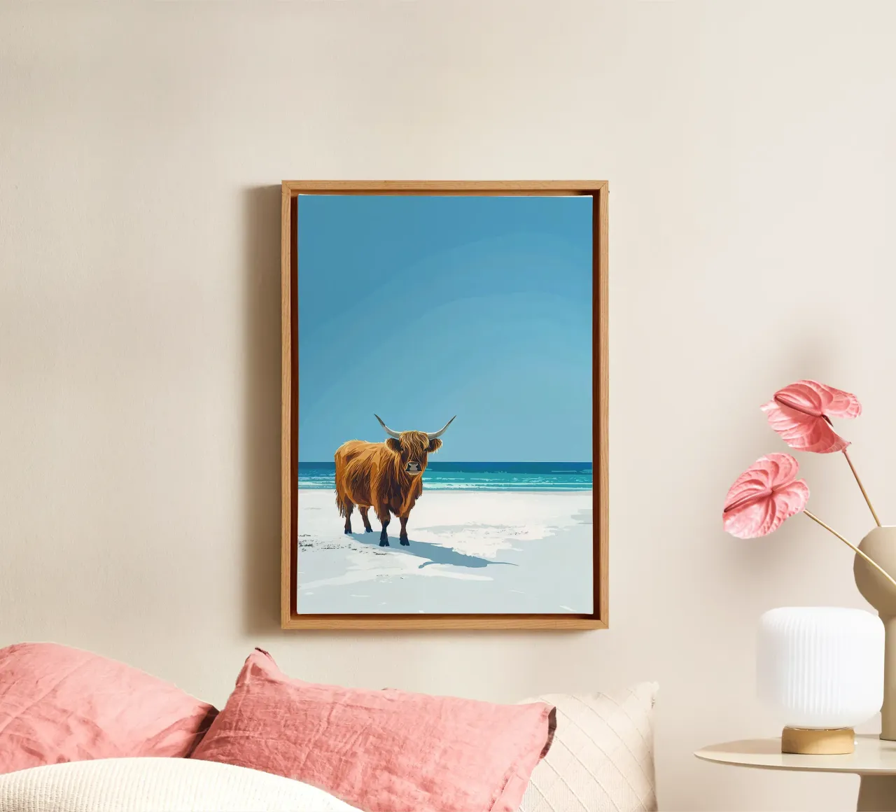 Mucca Highland am Meer tela con Cornice a cassetta da Nikis Art Studio
