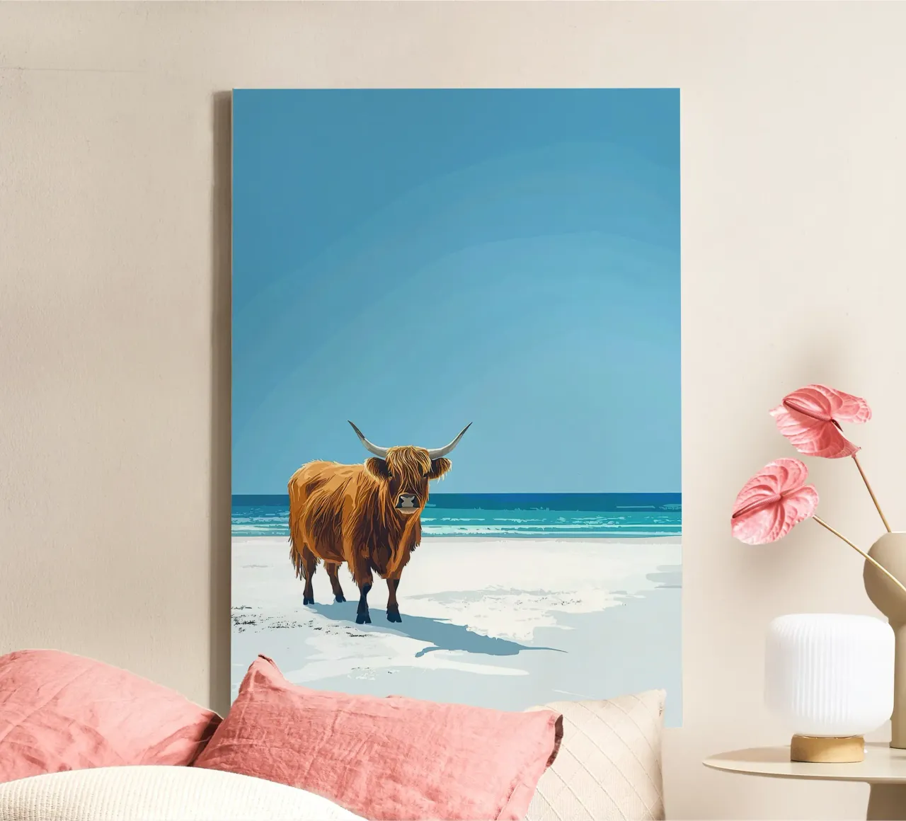 Mucca Highland am Meer tela con Cornice a cassetta da Nikis Art Studio