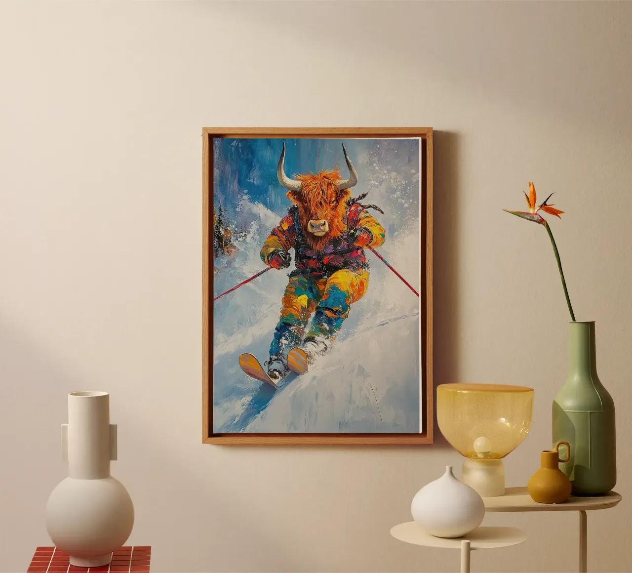 Highland Cow Esquí Deportes de invierno Invierno Nieve lienzo con Marco flotante de Nikis Art Studio