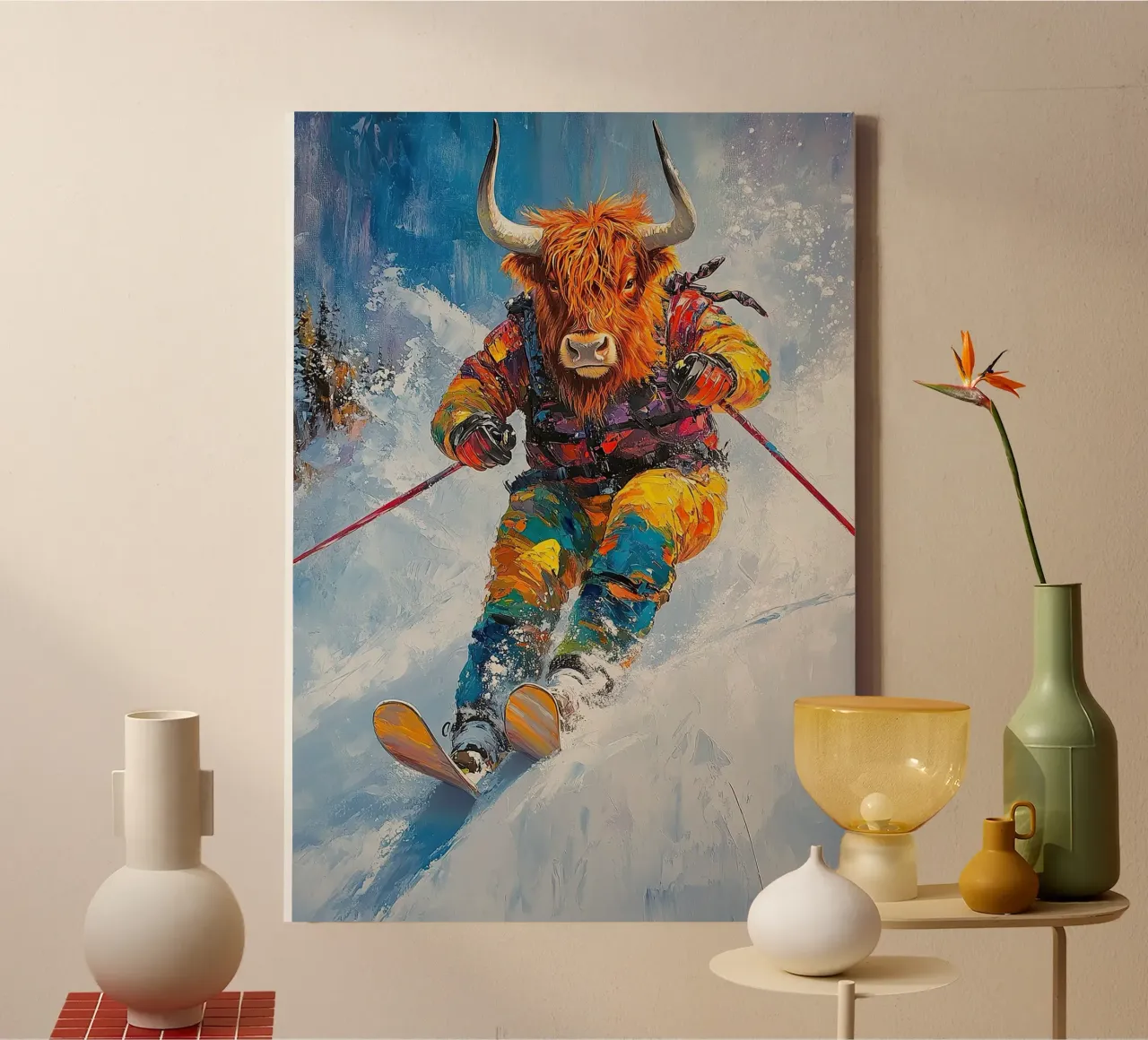 Highland Cow Esquí Deportes de invierno Invierno Nieve lienzo con Marco flotante de Nikis Art Studio