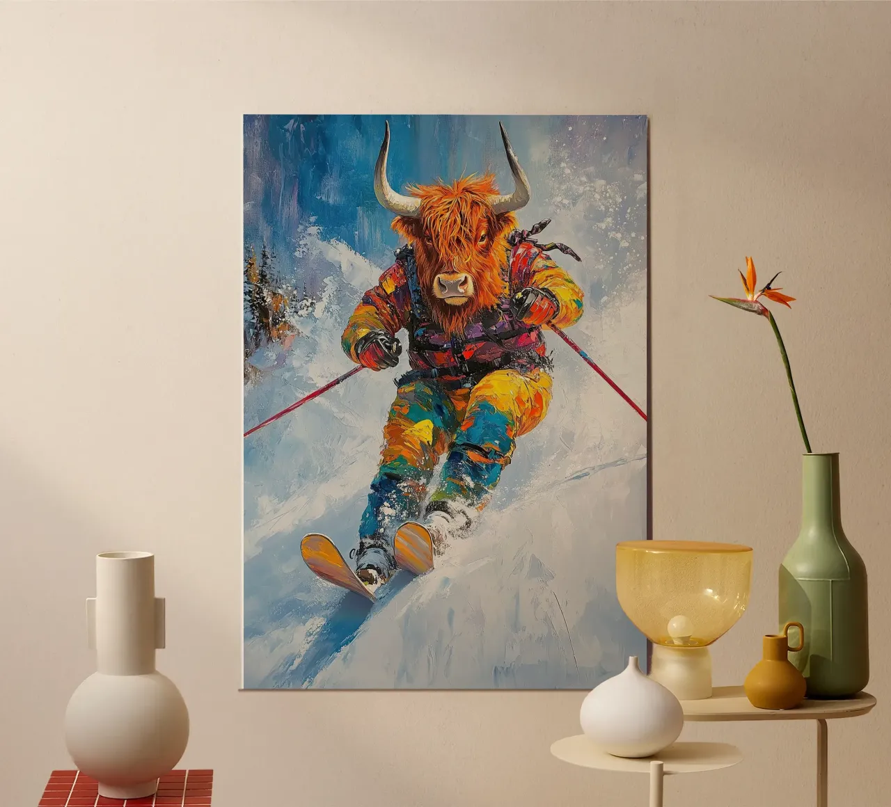 Highland Cow Sci Sport invernali Neve invernale poster da Nikis Art Studio