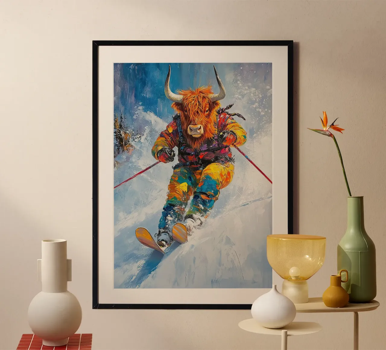 Highland Cow Sci Sport invernali Neve invernale poster da Nikis Art Studio