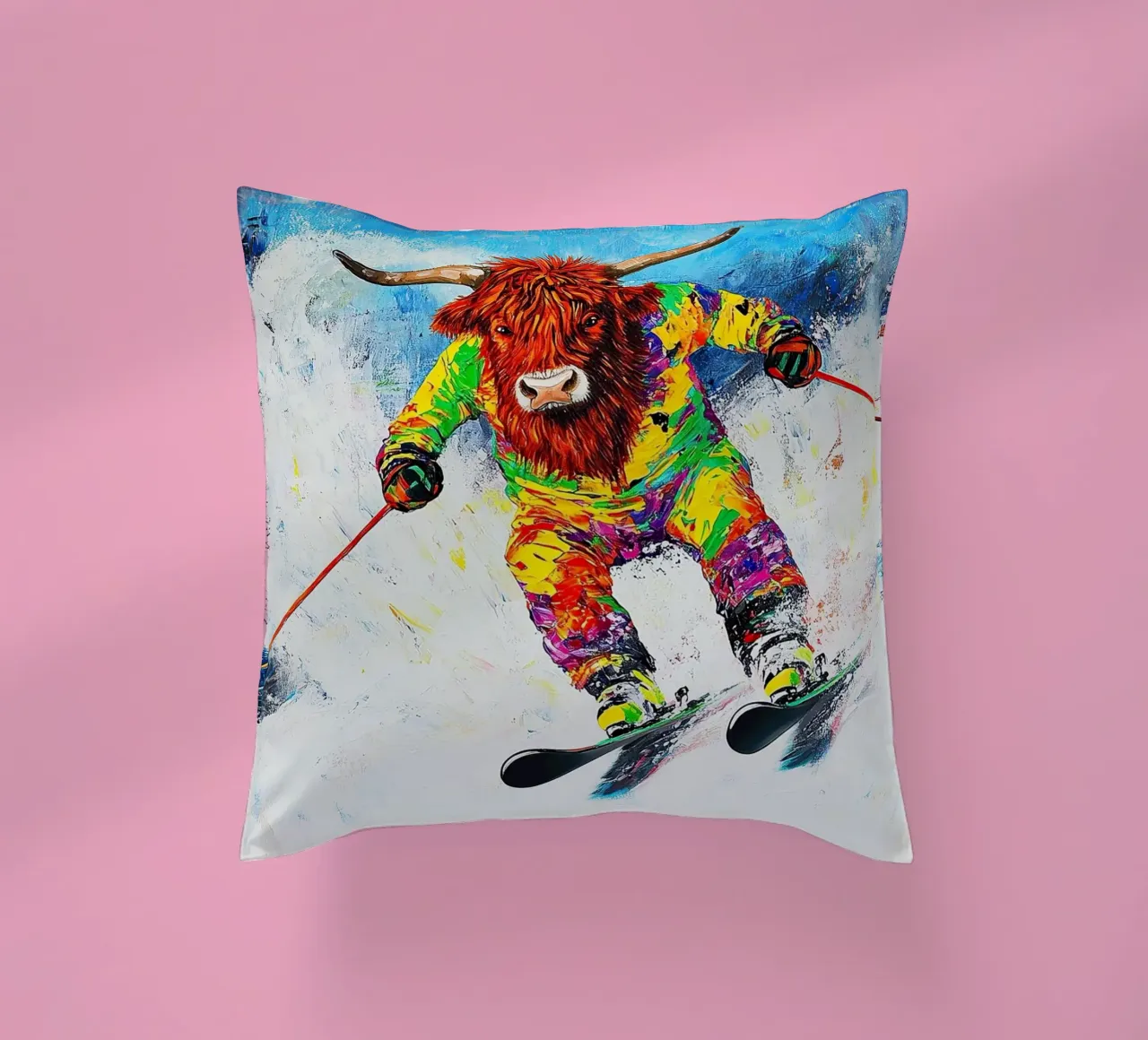 Highland Cow Ski Wintersport Winter Schnee Kissen von Nikis Art Studio